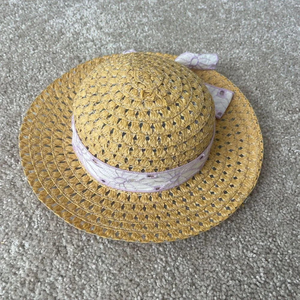 Kids Straw Sun Hat Floppy Brim Purple Floral Ribbon Bow Summer Beach‎
